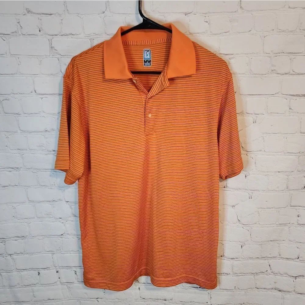Men's PGA Tour Orange and Black Striped Polo, Size Medium